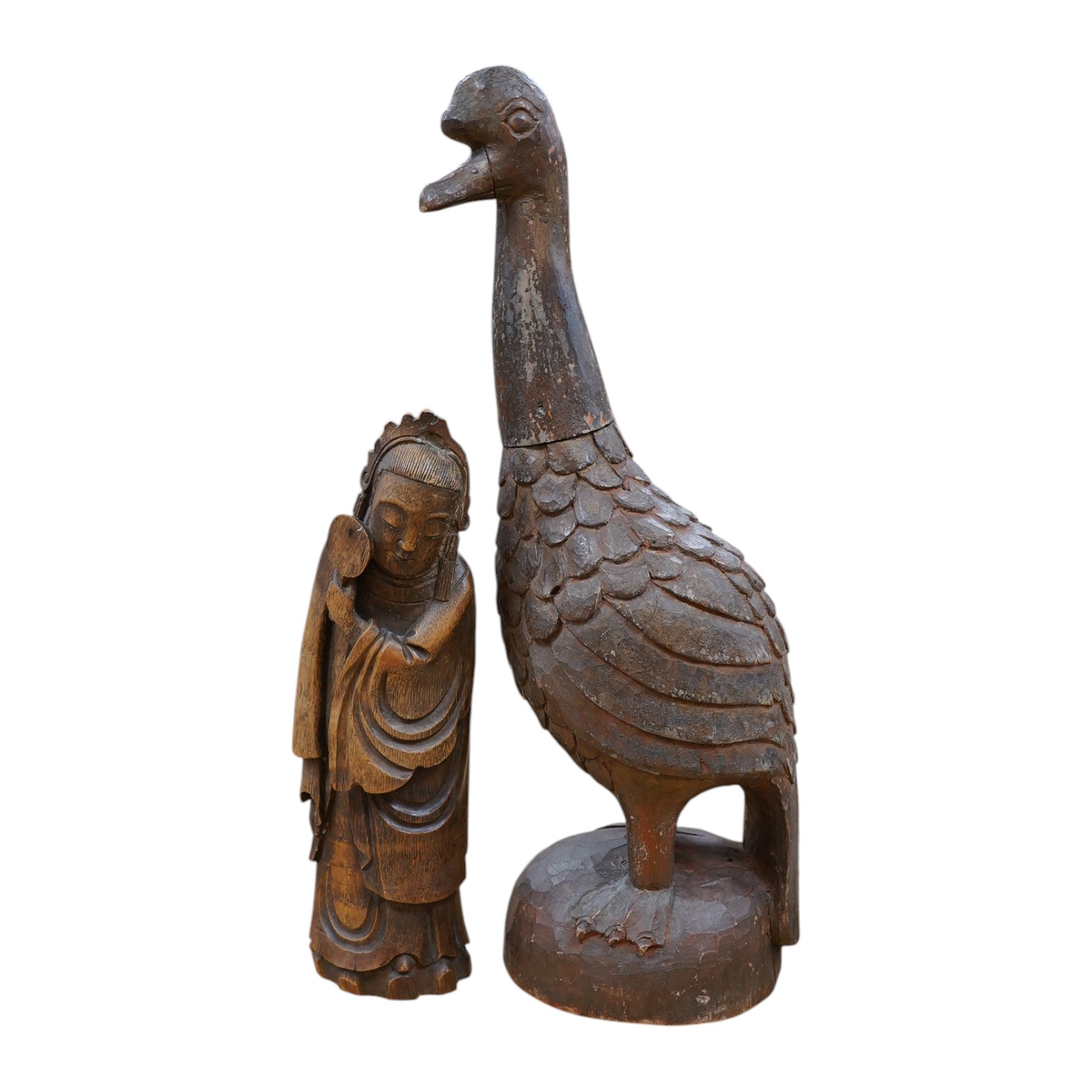 A Chinese bamboo figure of a lady and a large carved wooden bird, 55cm high. Condition - fair